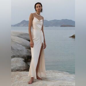 Shona Joy La Lune Gown in Cream, front slit and small tie